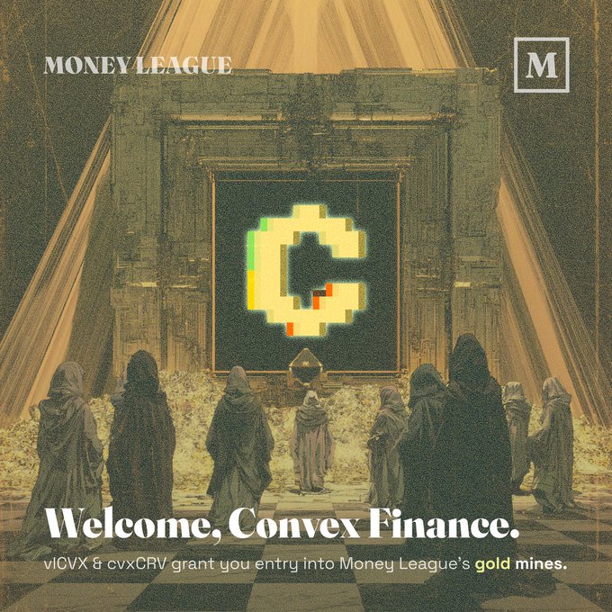Hooded figures gather around a glowing pixelated "C" logo on a temple-like altar, with text announcing "MONEYLEAGUE - Welcome, Convex Finance." and "vlCVX & cvxCRV grant you entry into Money League's gold mines," visually depicting Convex Finance's entry into Money League's rewards system as a sacred, ceremonial addition.