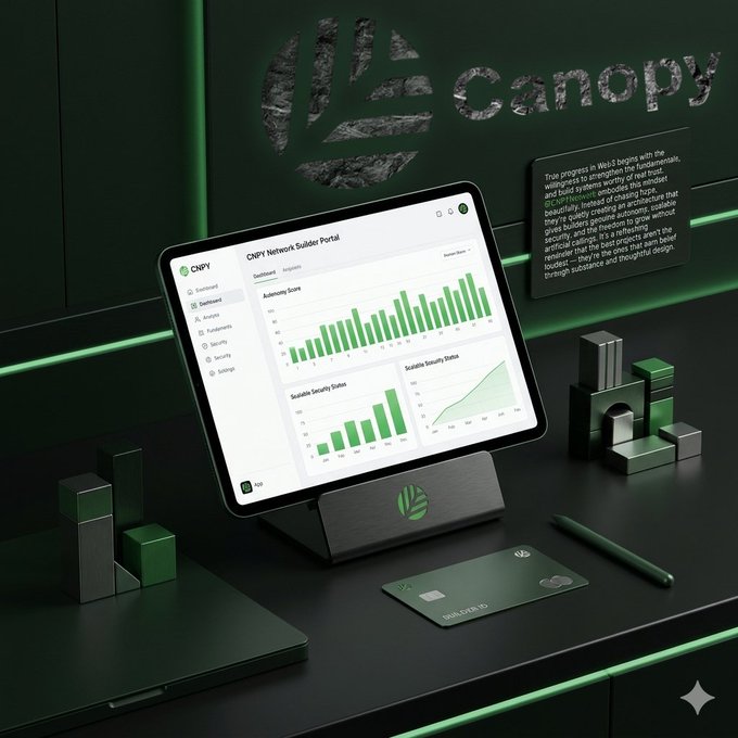 A dark green-themed promotional display for 'Canopy' features a tablet showing the CNPY Network Builder Portal with analytics dashboards, alongside a credit card and decorative blocks with the Canopy logo.