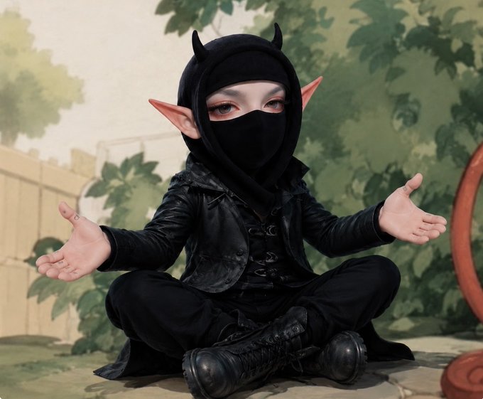 A cosplayer dressed in an all-black ninja costume with small horns and pointed elf ears sits cross-legged with open hands.