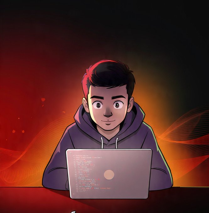 An anime-style illustration of a young man with dark hair wearing a purple hoodie, sitting at a laptop displaying code on screen, set against a red and orange background.