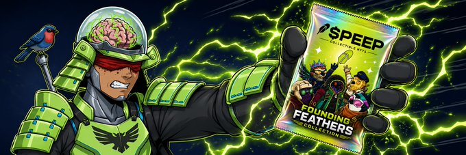 An illustrated character in green armor with an exposed brain and a bird on his shoulder holds up a packet of 'SPEED COLLECTIBLE NFTS' featuring 'FOUNDING FEATHERS' artwork against a background of green lightning.