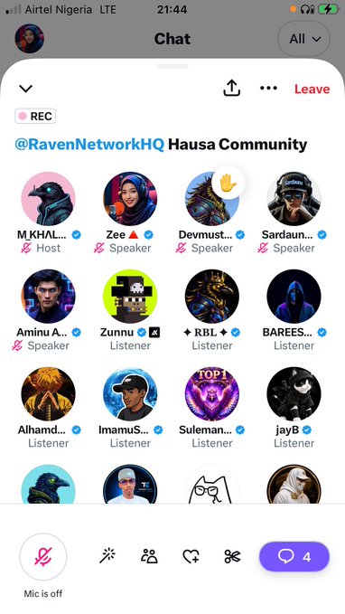 A Telegram voice chat interface for @RavenNetworkHQ Hausa Community, showing various speakers and listeners including M.KHAL... (Host), Zee (Speaker), Dewm... (Speaker), and Sardau... (Speaker), with the user's mic turned off.