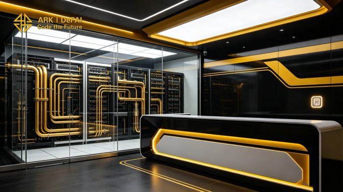 The image features a modern office space with black walls and yellow accents. The room has a desk area that includes a computer monitor and keyboard. There are also two TVs mounted on the wall, one of which displays the text "ARK I DERA". This suggests that the office is designed to be an AI-focused workspace or a tech company's main office.

The image also contains some text that reads "Focus on what is in the image and how it relates to the post", which could possibly be a caption about the content of the image, but without more context, its exact meaning remains unclear.