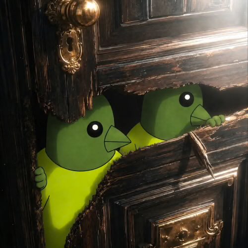 Two green cartoon bird-like creatures with large eyes peek through a splintered hole in a dark wooden door with an old-fashioned keyhole.