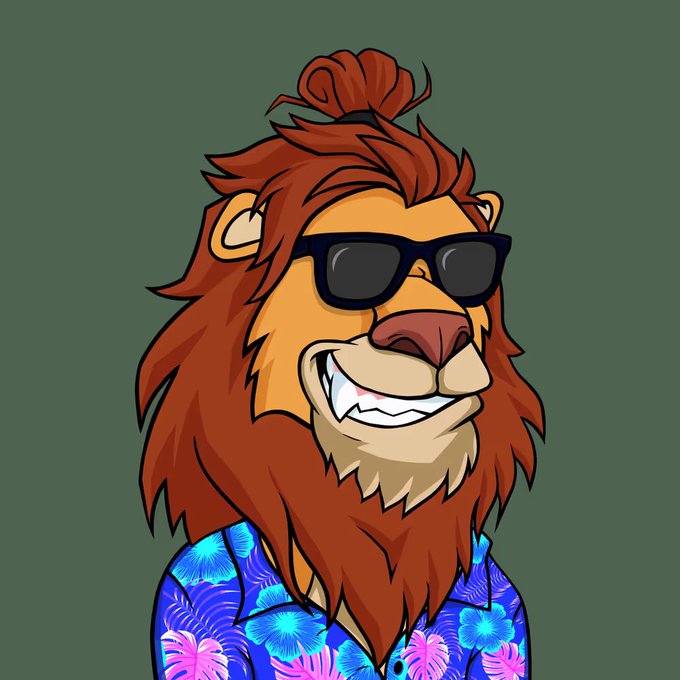 A cartoon illustration of a smiling lion with a brown mane tied in a topknot, wearing black sunglasses and a blue floral Hawaiian shirt.