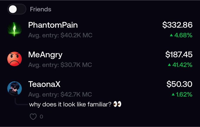 A screenshot of a Phantom wallet's "Friends" leaderboard showing three users' portfolios: PhantomPain ($332.86, up 4.68%), MeAngry ($187.45, up 41.42%), and TeaonaX ($50.30, up 1.62%), with TeaonaX's profile picture receiving a comment "why does it look like familiar? 👀". The leaderboard reflects the growing activity around $ghosti, the Phantom wallet ghost mascot memecoin, as users likely compare their holdings.