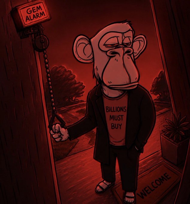 A stylized cartoon illustration bathed in red light shows a weary-looking monkey character in a black jacket over a t-shirt reading "BILLIONS MUST BUY," pulling a chain attached to a "GEM ALARM" on a door with a "WELCOME" mat.