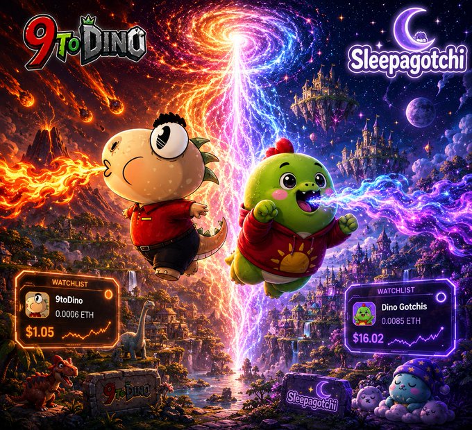 A promotional graphic for '9toDino' and 'Sleepagotchi' featuring two cartoon dinosaur-like characters, with watchlist prices of 0.0006 ETH ($1.05) for 9toDino and 0.0085 ETH ($16.02) for Dino Gotchis.