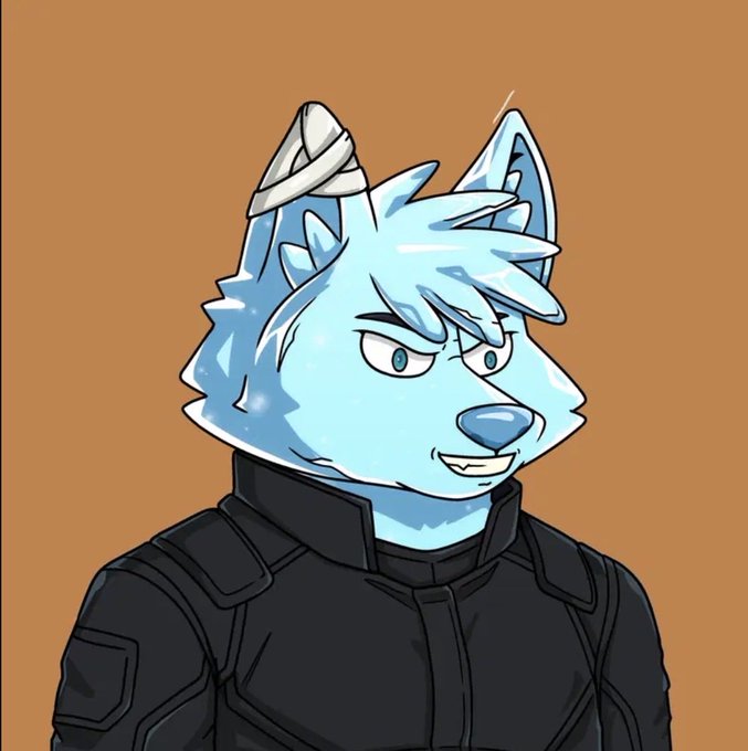 A digital illustration of an anthropomorphic light blue wolf/dog character with a single horn, wearing a dark tactical jacket against an orange background.