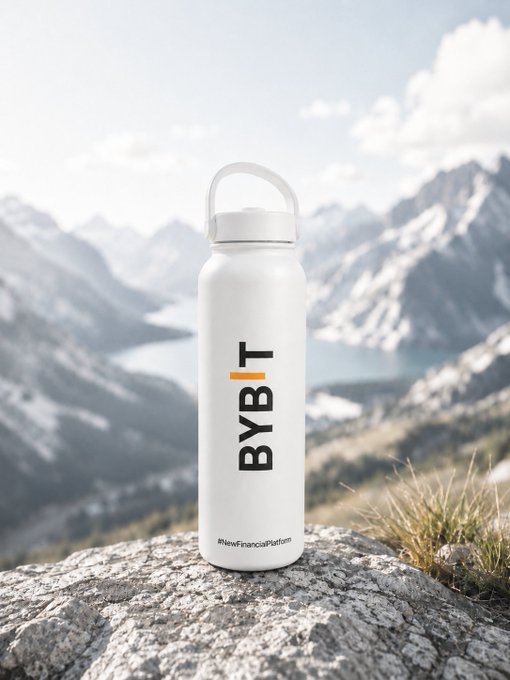 A white BYBIT-branded water bottle with the hashtag "#NewFinancialPlatform" sits on a rocky surface with a scenic mountain and lake landscape in the background.