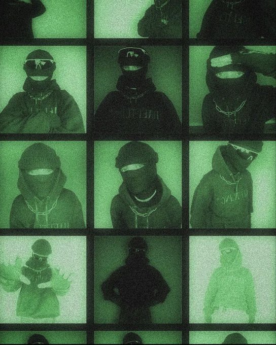 A green-tinted, grainy collage or grid of multiple photos showing individuals wearing dark hoodies, face masks, and ski goggles, concealing their identities.