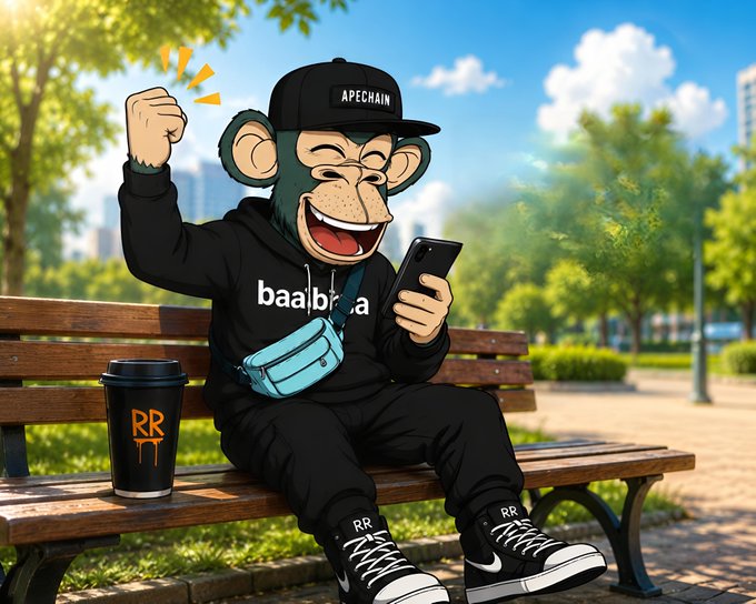 A cartoon monkey character wearing an 'APECHAIN' cap and 'baabina' hoodie, sitting on a park bench holding a phone next to an 'RR' coffee cup.