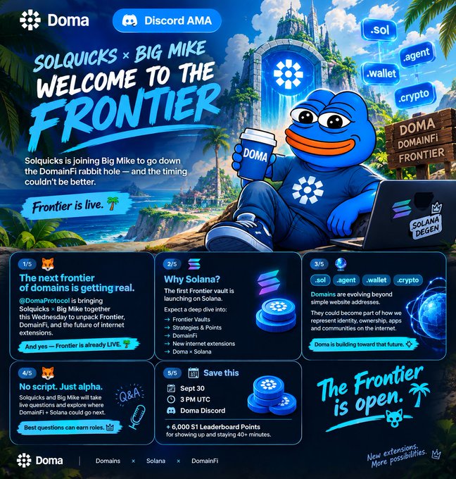 A promotional graphic for 'Doma' announcing a Discord AMA collaboration with 'SOLQUICKS x BIG MIKE' titled 'Welcome to the Frontier', featuring information about DomainFi, Solana, and an event on September 30 at 3 PM UTC.