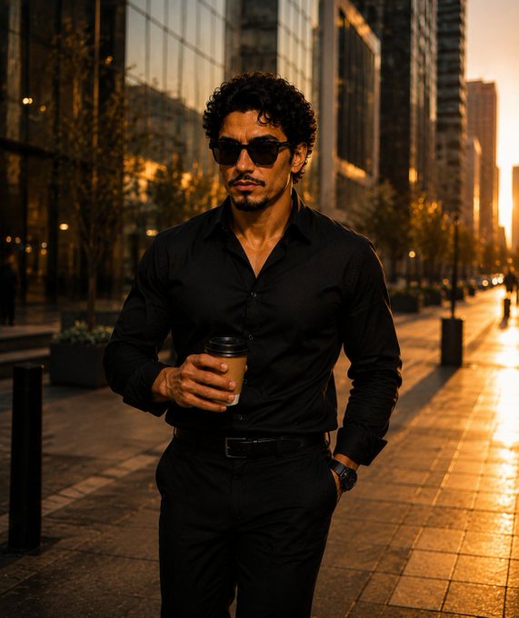 The image features a man walking down a sidewalk with his hands in his pockets, wearing sunglasses and holding a coffee cup. The setting appears to be an urban environment, possibly during sunrise or sunset when the city's lights are shining brightly. The photo captures the essence of the city life while highlighting the man's casual yet stylish appearance as he goes about his day.