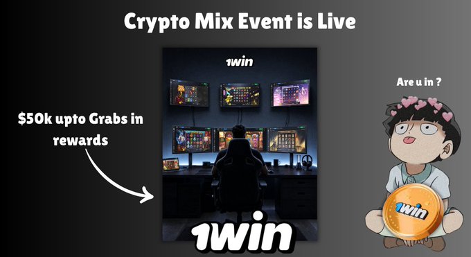 A promotional graphic for a '1win' Crypto Mix Event advertises '$50k upto Grabs in rewards' with a cartoon character holding a 1win coin.