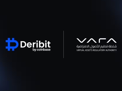 The image features the Deribit (by Coinbase) logo alongside the VARA (Virtual Assets Regulatory Authority) logo, visually representing the partnership where Deribit secured a Broker-Dealer Licence from Dubai's VARA.