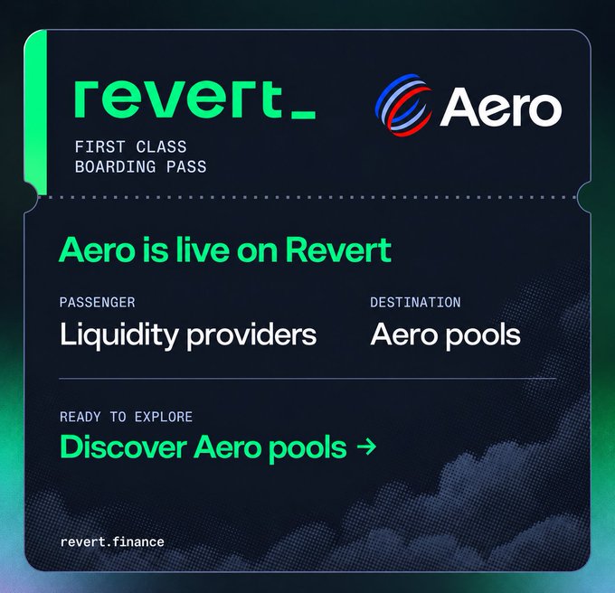 A Revert and Aero promotional boarding-pass graphic reads “FIRST CLASS BOARDING PASS,” “Aero is live on Revert,” “PASSENGER Liquidity providers,” “DESTINATION Aero pools,” and “Discover Aero pools →,” with “revert.finance” at the bottom.