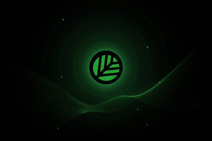 A digital graphic features a green leaf icon encircled by glowing concentric rings and flowing wave patterns on a black background.