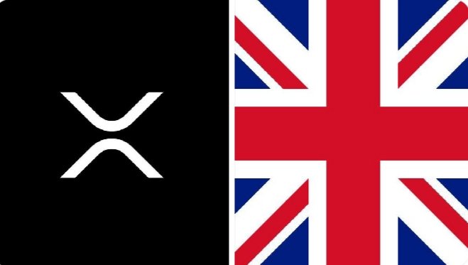 The image features the XRP logo on the left alongside the United Kingdom flag on the right, visually representing Ripple's support for the UK's tokenization strategy and the country's push toward becoming a global leader in tokenized finance.