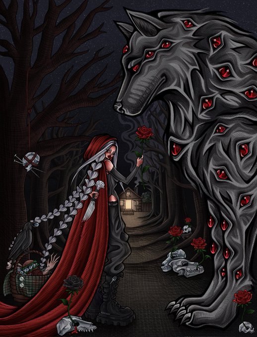 A dark fantasy illustration depicts a red-cloaked figure reminiscent of Little Red Riding Hood holding a red rose, standing before a massive wolf composed of shadowy forms with glowing red eyes, while a basket of skulls and flowers sits at her feet.