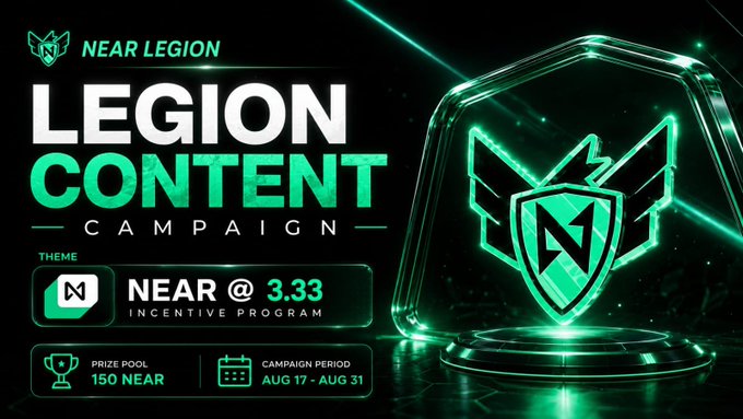 A 'NEAR LEGION CONTENT CAMPAIGN' promotional banner features a glowing green shield logo, advertising 'NEAR @ 3.33' and a 150 NEAR prize pool for August 17-31.