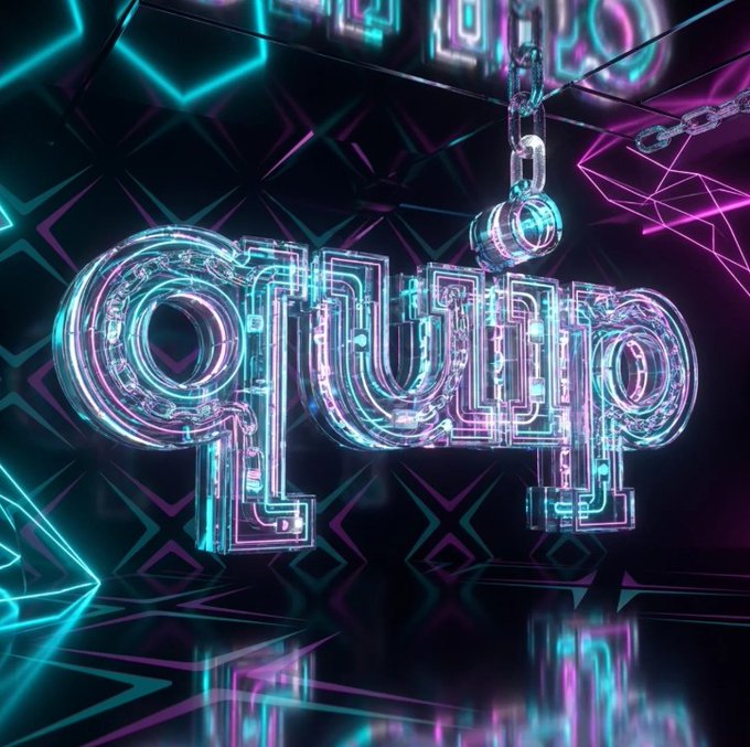 A neon-style 3D rendering of the word 'QUBIP' rendered in glowing cyan and magenta circuitry with a metallic chain hanging above it.