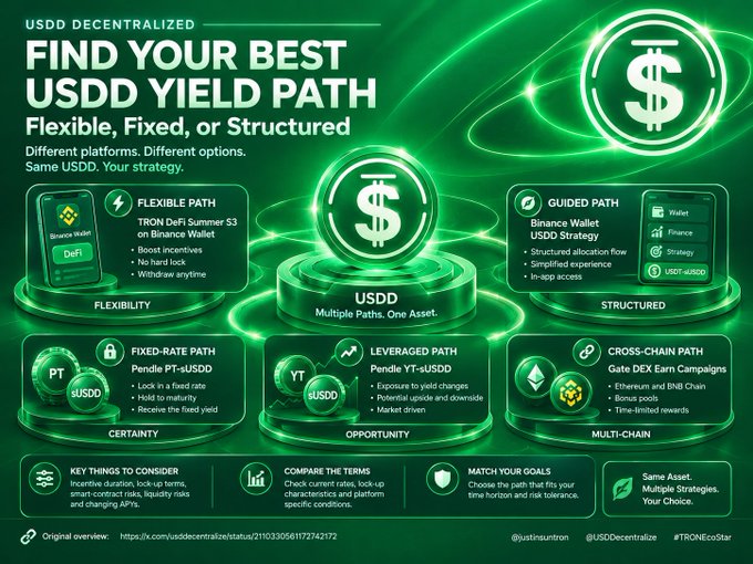 A green infographic for 'USDD DECENTRALIZED' titled 'FIND YOUR BEST USDD YIELD PATH' showing Flexible, Fixed-Rate, Leveraged, Guided, and Cross-Chain paths with platforms like Pendle and Binance Wallet, emphasizing the same USDD asset across multiple strategies.