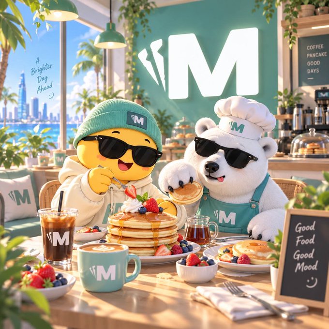 An illustration of two anthropomorphic characters—a yellow emoji-like figure in a hoodie and sunglasses, and a polar bear chef wearing sunglasses—enjoying pancakes and coffee at a cafe with an 'M' logo.