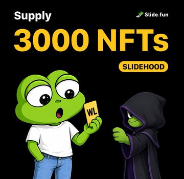 Promotional graphic showing "3000 NFTs" with "Supply" and "SLIDEHOOD" text, featuring cartoon Pepe-style frogs, one holding a "WL" (whitelist) ticket.