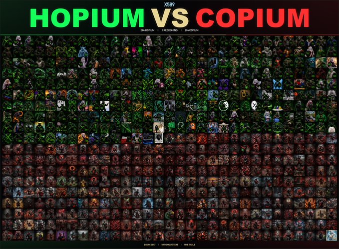 A comparison graphic titled 'HOPIUM VS COPIUM' showing two large grids of video game character sprites, with text 'XS80', '216 HOPIUM | 1 REQUIRING | 216 COPIUM', and 'EVERY 0640 | 127 CHARACTERS | ONE TABLE'.