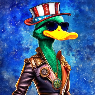 A digital illustration of a green duck character wearing sunglasses, an American flag-themed top hat, a leather jacket, and a marijuana leaf medallion against a starry blue cosmic background.