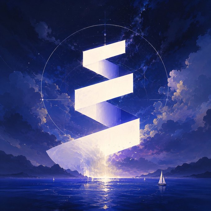 A fantasy digital illustration of a glowing, translucent, zig-zagging geometric structure resembling the Solana logo floating over a serene ocean at night, with sailboats and mountains in the distance.