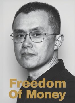 A black-and-white portrait of CZ (Changpeng Zhao), the former Binance CEO, with the text "Freedom Of Money" overlaid at the bottom. The image connects to the post's reference to CZ by visually depicting the man himself, tying the meme coin's branding to its namesake.