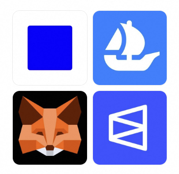 A grid of four app icons on a white background: a white icon with a blue square, a blue icon featuring a white sailing ship, a black icon showing a geometric orange fox face (likely MetaMask), and a purple icon with a white triangular play/mountain logo.