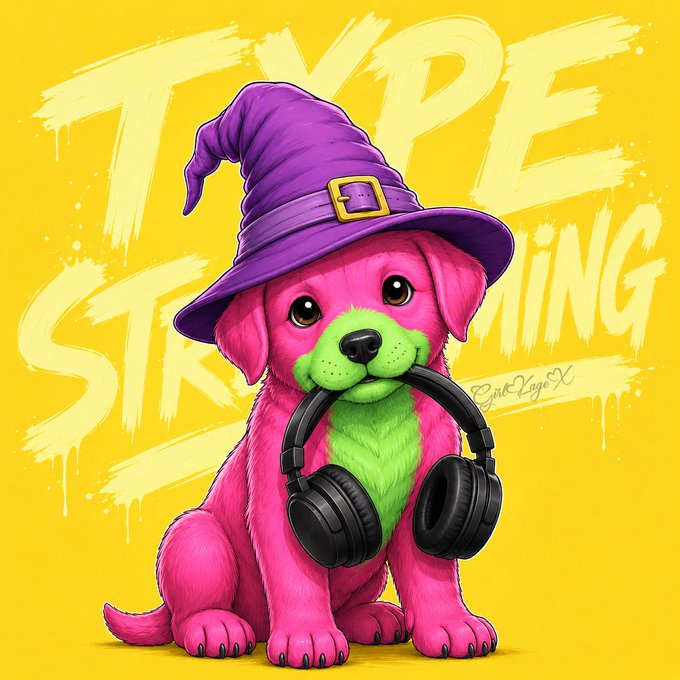 A vibrant illustration of a pink puppy with green facial markings wearing a purple witch hat and black headphones, set against a yellow background with the text 'TYPE STREAMING' in graffiti-style lettering.
