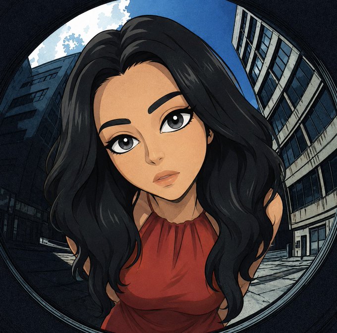 The image features a cartoon girl with long black hair wearing a red dress, standing against an urban backdrop of buildings. The caption below the image reads "Thanks to @tessonchain and @cutemikaasa for being generous with the allocation Campaign live on Duce for Just Dinero members Reward: 90 GTD + 40 FCFS If you could tell one friend just one thing about momo Who would that friend be and what would you tell your them?".