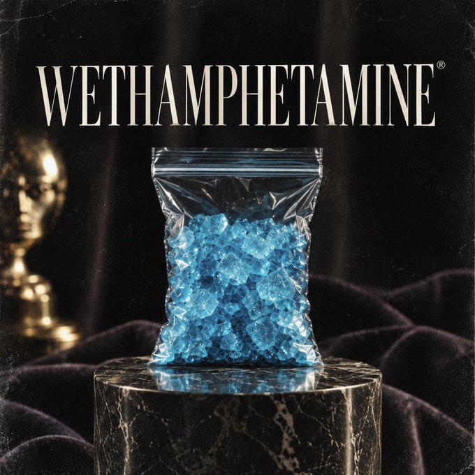 A product-style image with the large text 'WETHAMPHETAMINE®' above a plastic bag filled with blue crystals, displayed on a dark marble pedestal.