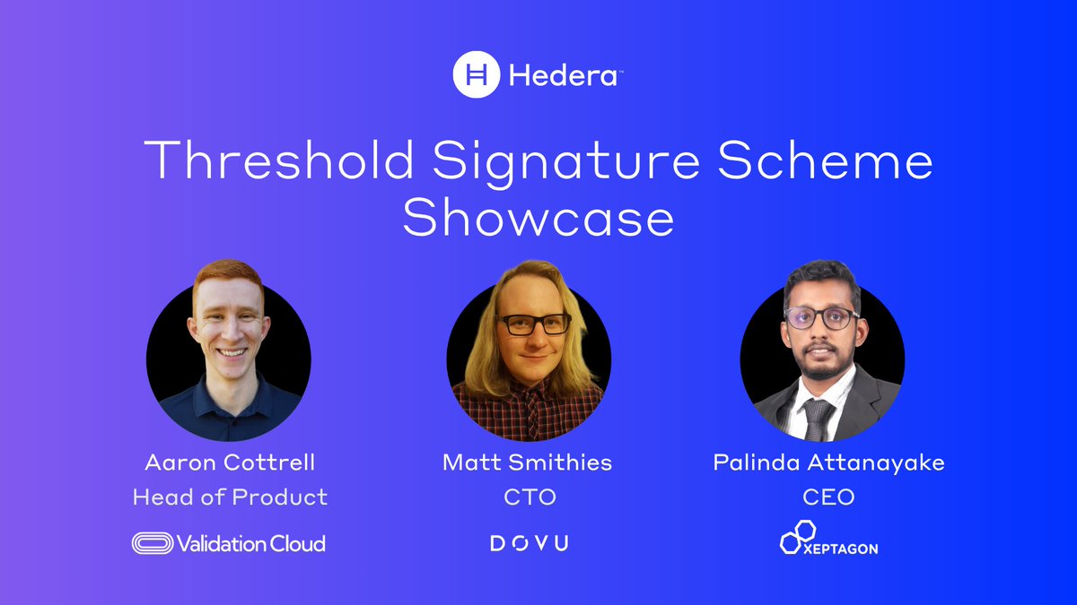 The image features a blue background with three men's faces displayed around a central circle. The text "Threshold Signature Scheme Showcase" is written above the circle of faces, indicating that this is an event showcasing their signature scheme. The men are wearing suits and ties, suggesting a formal or professional setting for the event.