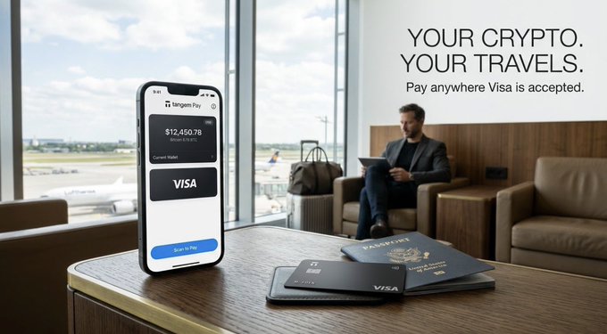 An advertisement featuring a smartphone displaying a $12,450.78 transaction on the Tangem Pay app, alongside physical Visa cards and a man with a laptop in an airport lounge, with the text 'YOUR CRYPTO. YOUR TRAVELS. Pay anywhere Visa is accepted.'