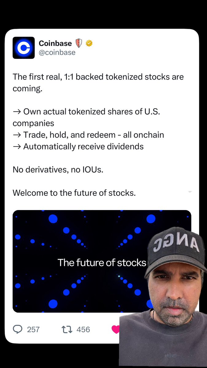 The image shows a man wearing a hat, possibly a baseball cap or a fedora, with his face partially visible. He appears to be looking at the camera while standing next to a computer screen displaying a social media post about Coinbase. The post is titled "The future of stocks" and includes a photo of a blue dot pattern on the screen. The man's reaction to this post can be inferred from the fact that he has his face partially visible, suggesting an engagement with the content or message being conveyed in the post.