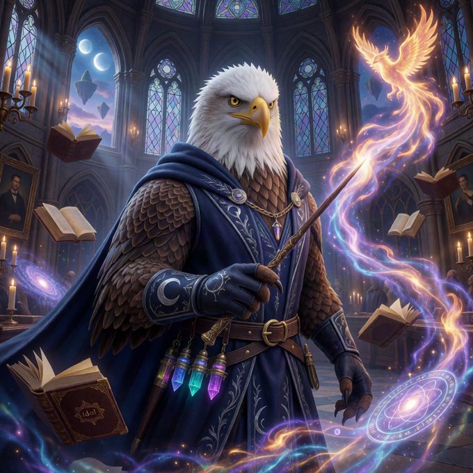 A fantasy digital illustration of an anthropomorphic eagle warrior in blue robes holding a glowing wand, surrounded by floating magical books and a phoenix within a gothic cathedral setting.