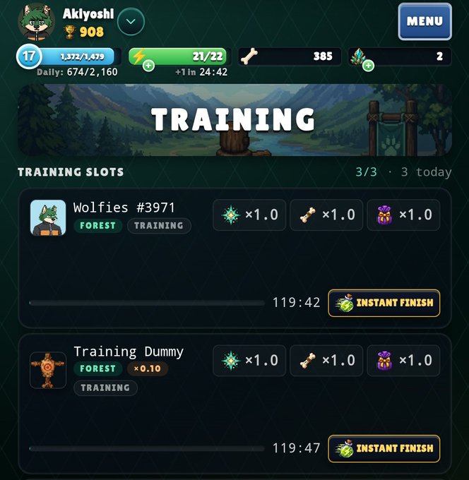 The image shows a training interface for a video game called "Wolfage". It displays different training sessions, and a player can choose from various characters like a dog or a bunny. The interface also has a feature that tracks the progress of the player through the levels in the game. There is text on the screen related to this interface, possibly describing how to use the different aspects of the training process. Additionally, there are multiple buttons and icons for various commands within the game.