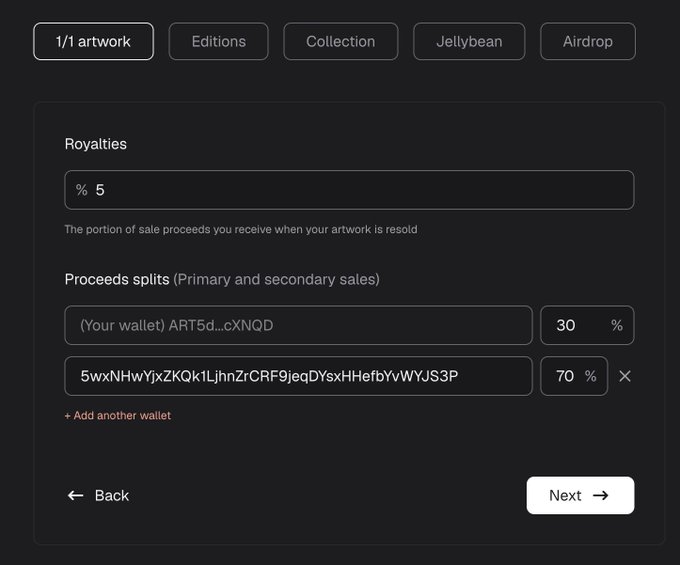 A digital interface for setting up an NFT listing, showing a 5% royalty rate and proceeds splits configured between the user's wallet (30%) and another wallet address (70%).