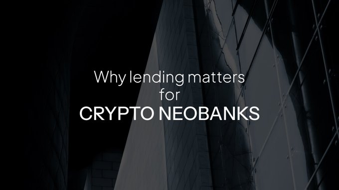 A dark, monochromatic title slide with an architectural background reading 'Why lending matters for CRYPTO NEOBANKS'.