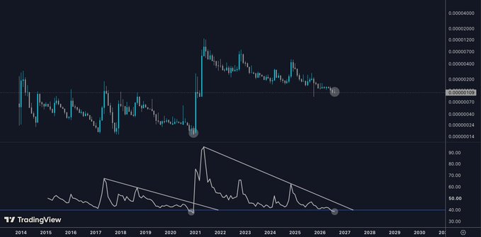 The image displays a TradingView monthly candlestick chart paired with an RSI indicator (ranging roughly 30–90), showing two highlighted low points on the RSI near the 40 level — one around 2021 and a current signal marked for 2025 — illustrating the post's claim that DOGE's monthly RSI has dipped below 40 only twice in its history.