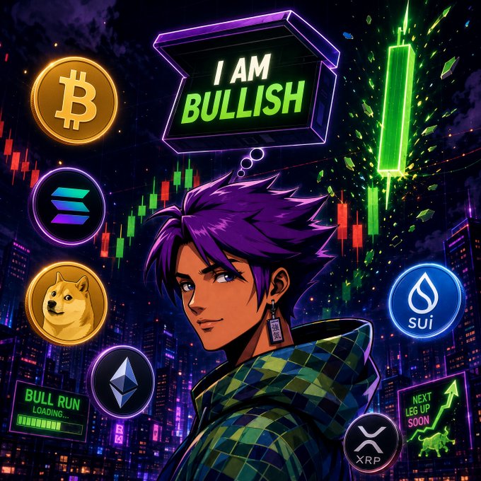 An anime-style illustration of a purple-haired character with a thought bubble reading 'I AM BULLISH', surrounded by cryptocurrency logos including Bitcoin, Dogecoin, Solana, Ethereum, Sui, and XRP, with a 'BULL RUN LOADING...' bar.