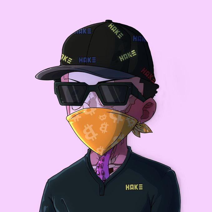 A stylized cartoon avatar wears a black "HAKE" branded cap, dark sunglasses, and a yellow bandana patterned with Bitcoin symbols, with the matching "HAKE" logo on the shirt. The "HAKE" branding and Bitcoin motifs tie into the "gm nfts" greeting, evoking crypto/NFT community culture.