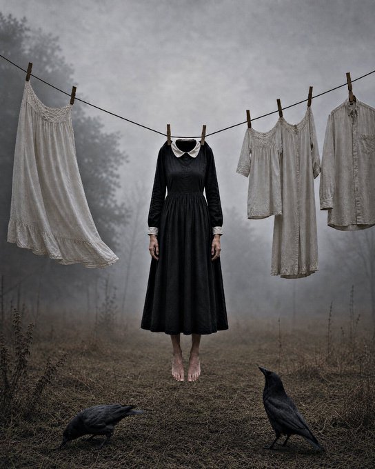 A moody, atmospheric photograph showing a black dress hanging on a clothesline alongside other garments, with bare feet visible below and two black crows on the ground in a foggy setting.