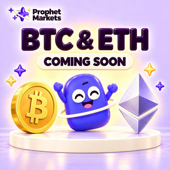 A purple-themed promotional graphic for 'Prophet Markets' announcing 'BTC & ETH COMING SOON' with 3D renderings of a Bitcoin coin and Ethereum diamond.