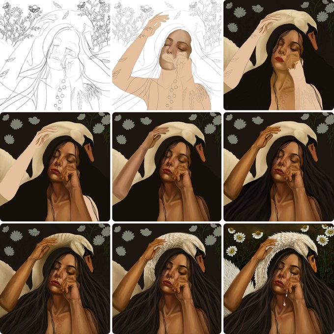 A 3x3 grid showing the step-by-step digital painting progression of an artwork featuring a woman with long dark hair wearing a white fur hat, starting from a rough sketch to a fully rendered painting with flowers in the background.